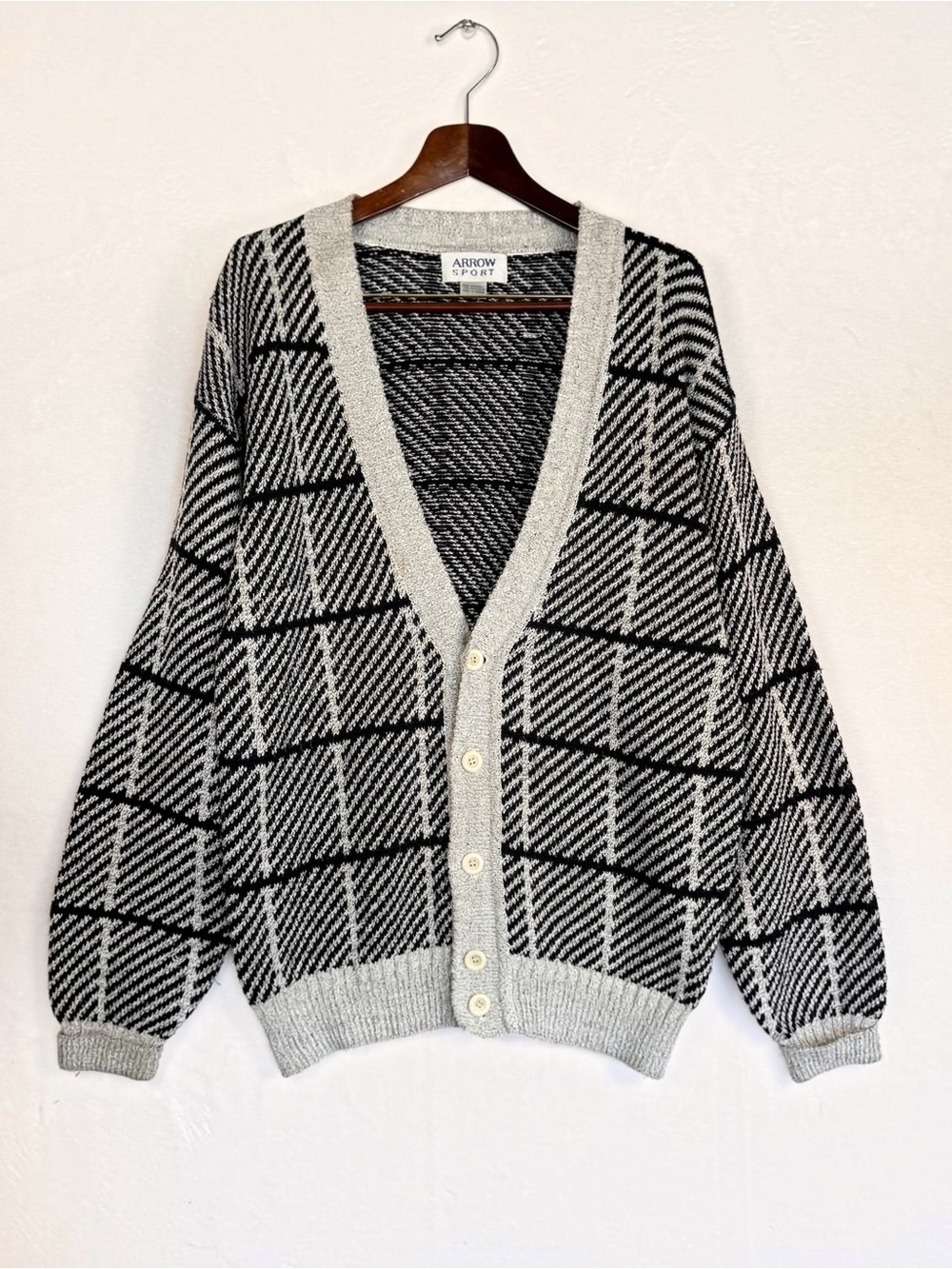 Vintage Arrow Sport Oversized Cardigan L Black Gray Grandpa Sweater